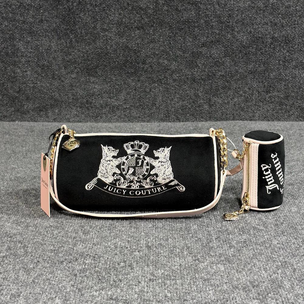Juicy Couture Satchel Bag Womens Small Black Velvet Barrel Scootie Dogs Pouch